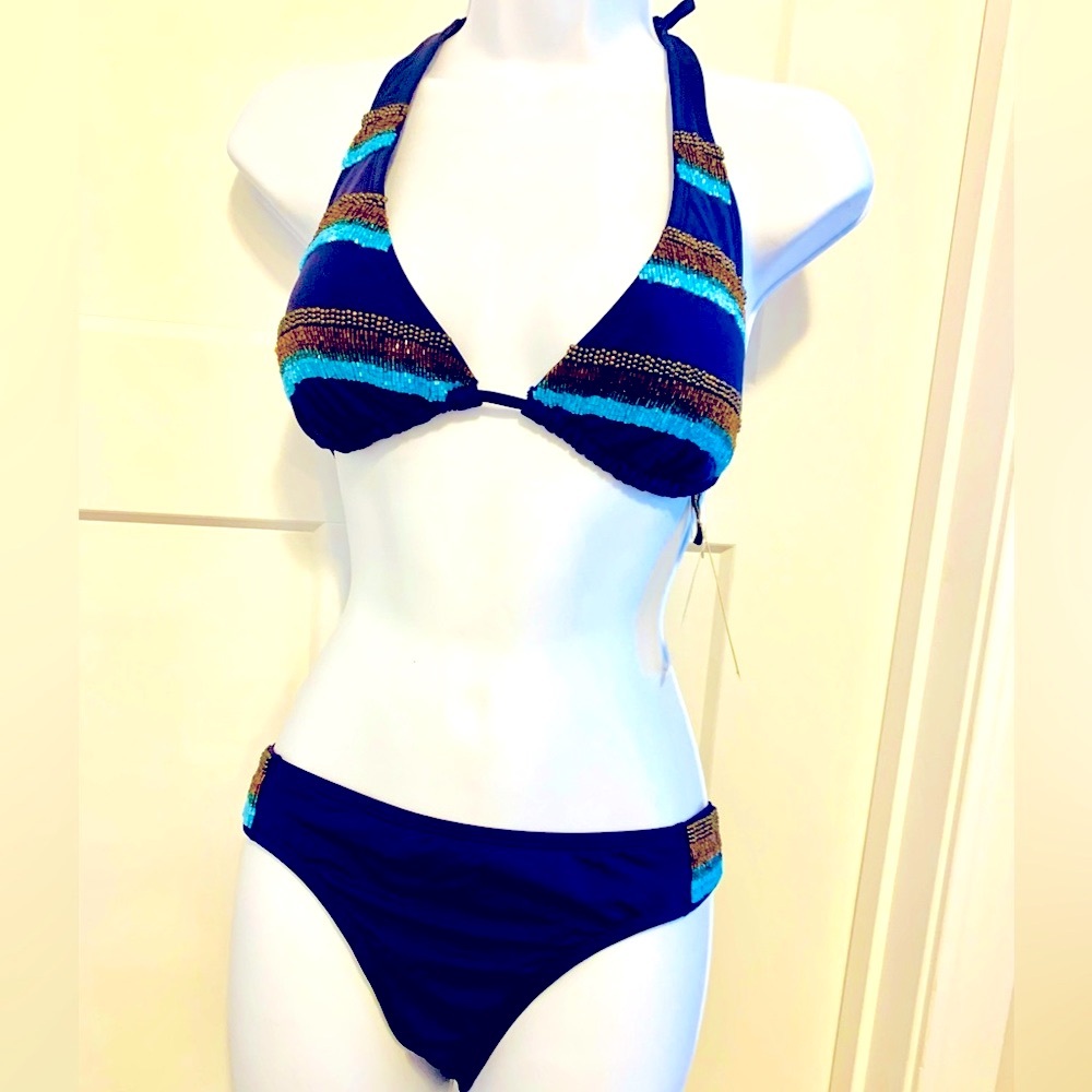 VIX PAULA HERMANNY GORGEOUS BEADED BIKINI NWT BOHO SUPER SEXY NAVY BLUE & GOLD